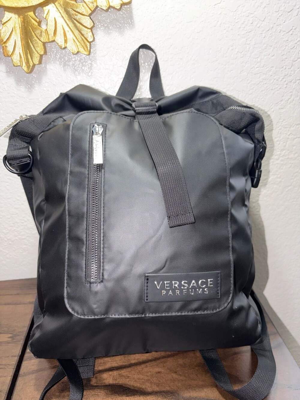 Versace Parfums Black Nylon Backpack with Greek Key Straps